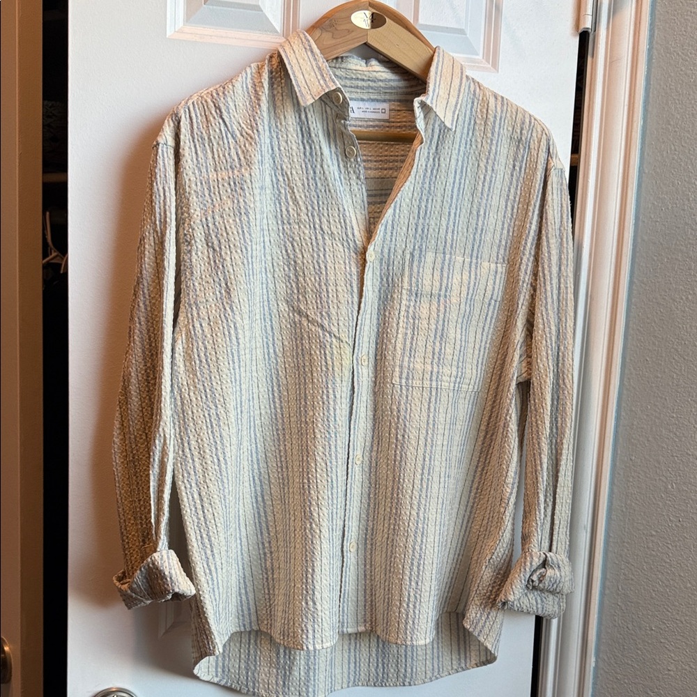 Zara Men's Striped Beige and Gray Casual Shirt